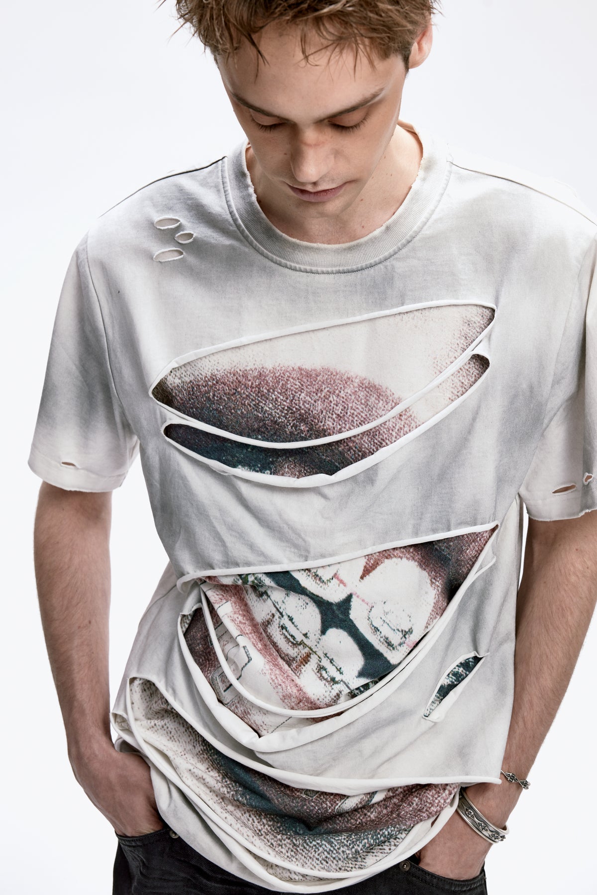 Braces-distressed  T-shirt with water-based print