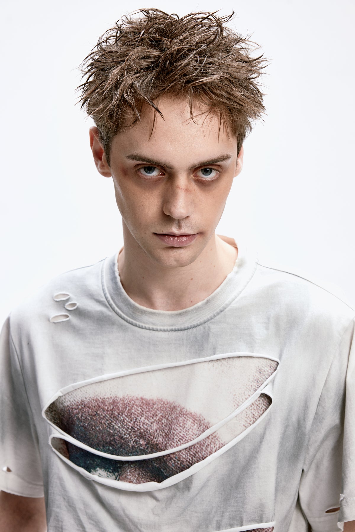 Braces-distressed  T-shirt with water-based print