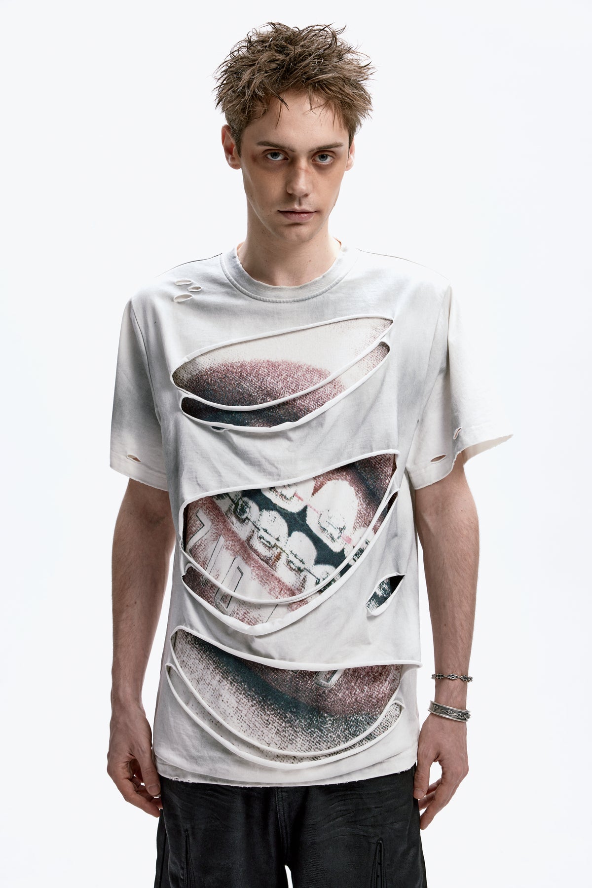 Braces-distressed  T-shirt with water-based print