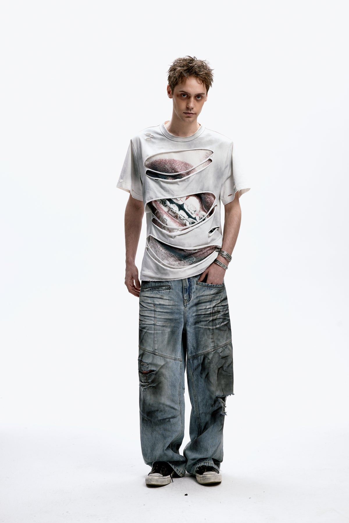Braces-distressed  T-shirt with water-based print