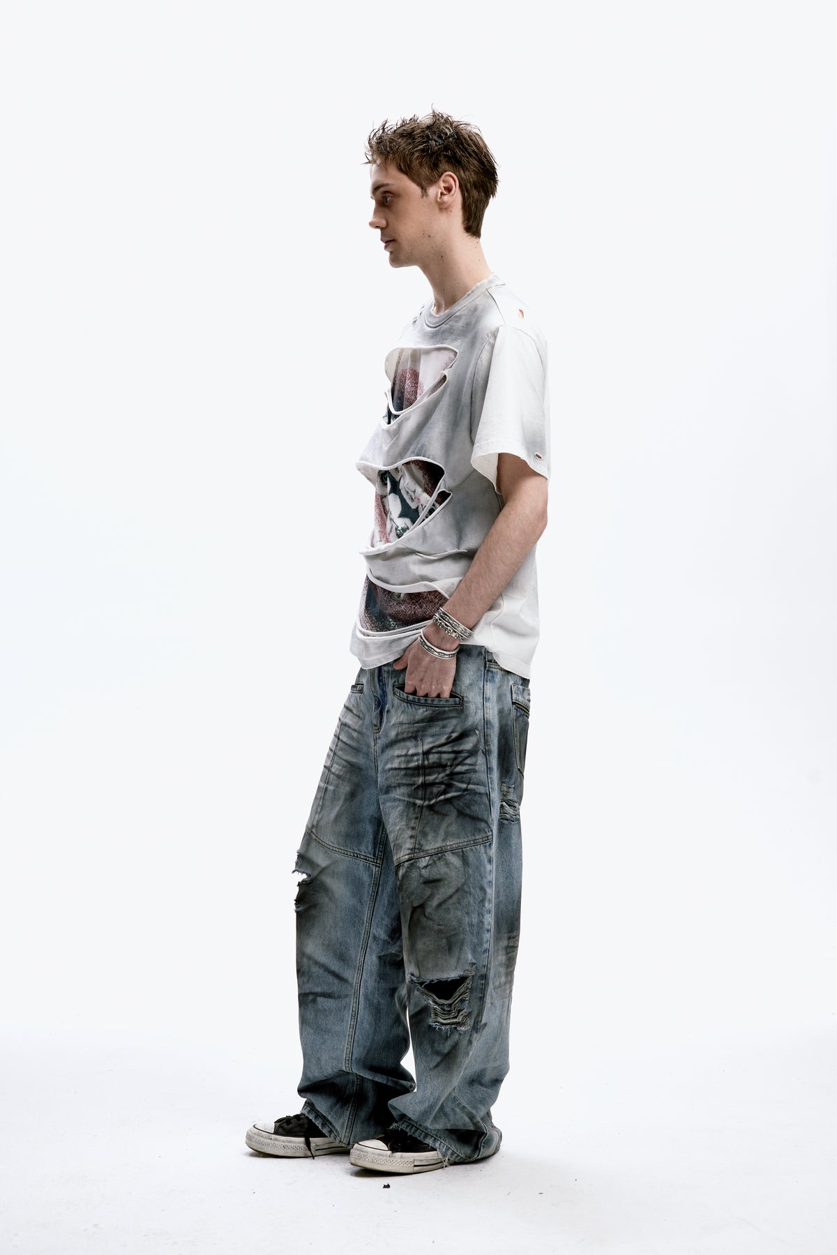 Braces-distressed  T-shirt with water-based print