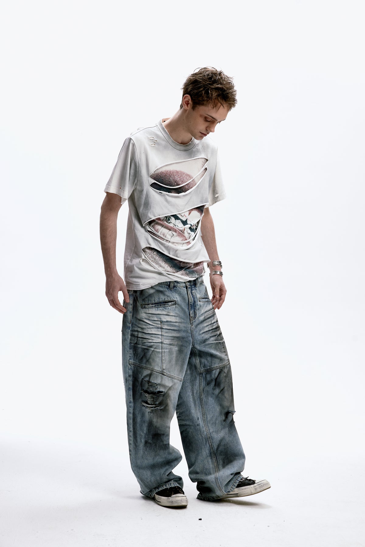 Braces-distressed  T-shirt with water-based print