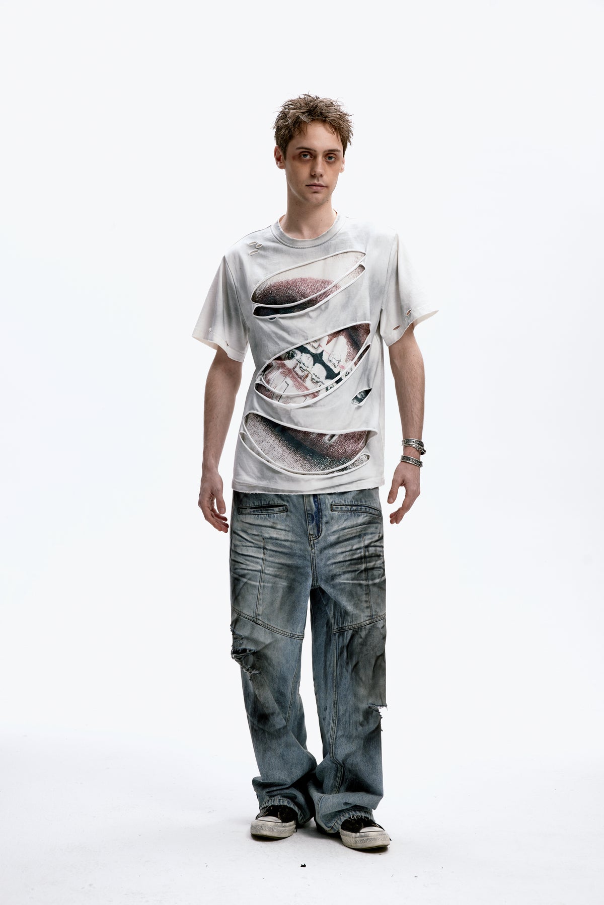 Braces-distressed  T-shirt with water-based print