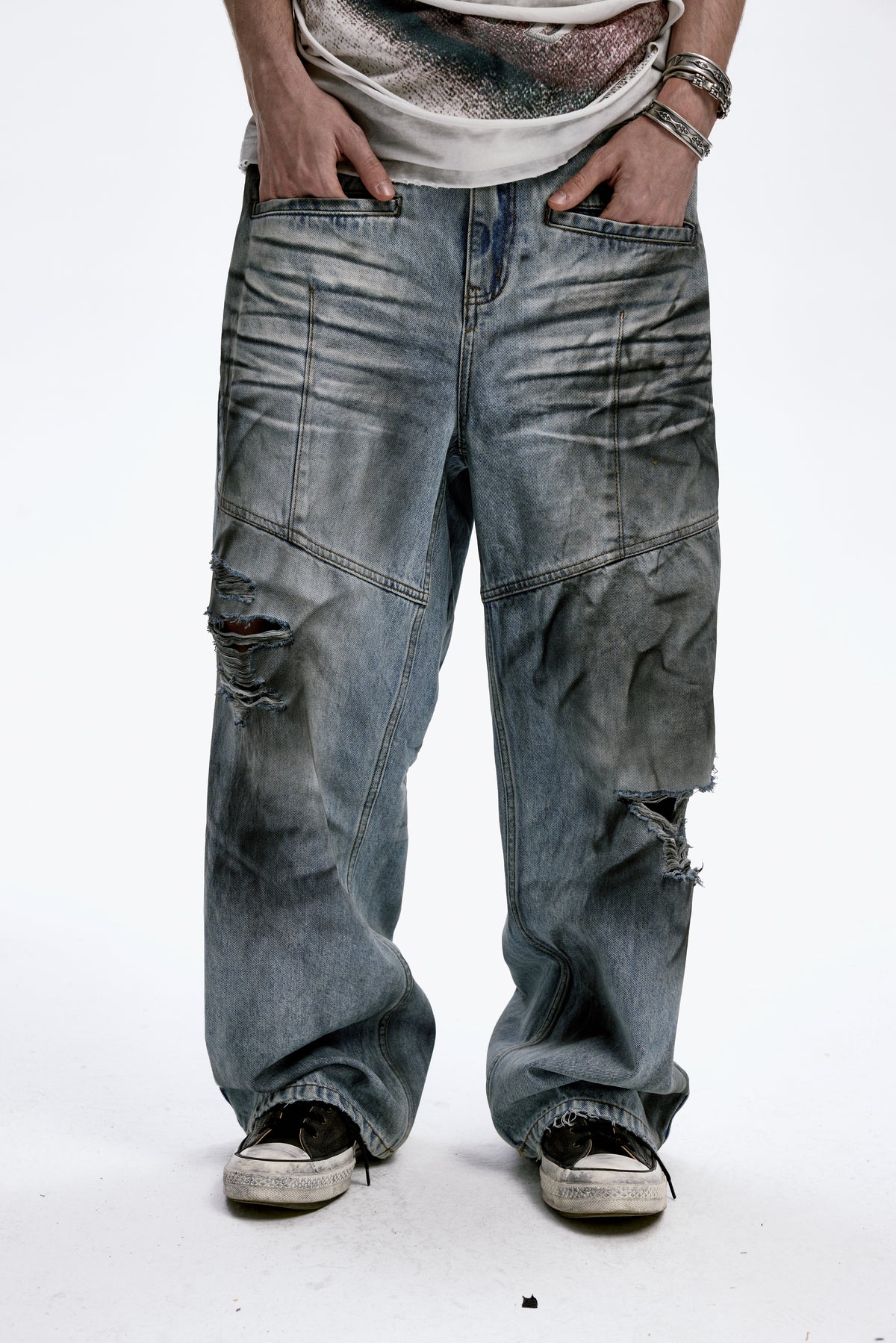 Distressed Straight-Leg Blue Jeans
