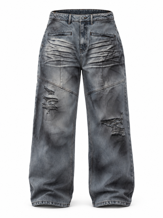 Distressed Straight-Leg Blue Jeans